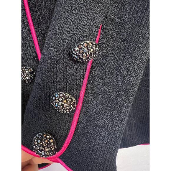 St. John Black Evening Sweater Pink Trim Big Sparkle Buttons *Small Flaw* Size 6 - Picture 4 of 9